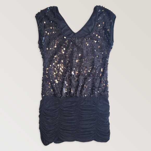 HKR Black Sequins Ruched Holiday Dress, Cocktail V Neck Mini Dress, Size… - Picture 2 of 8